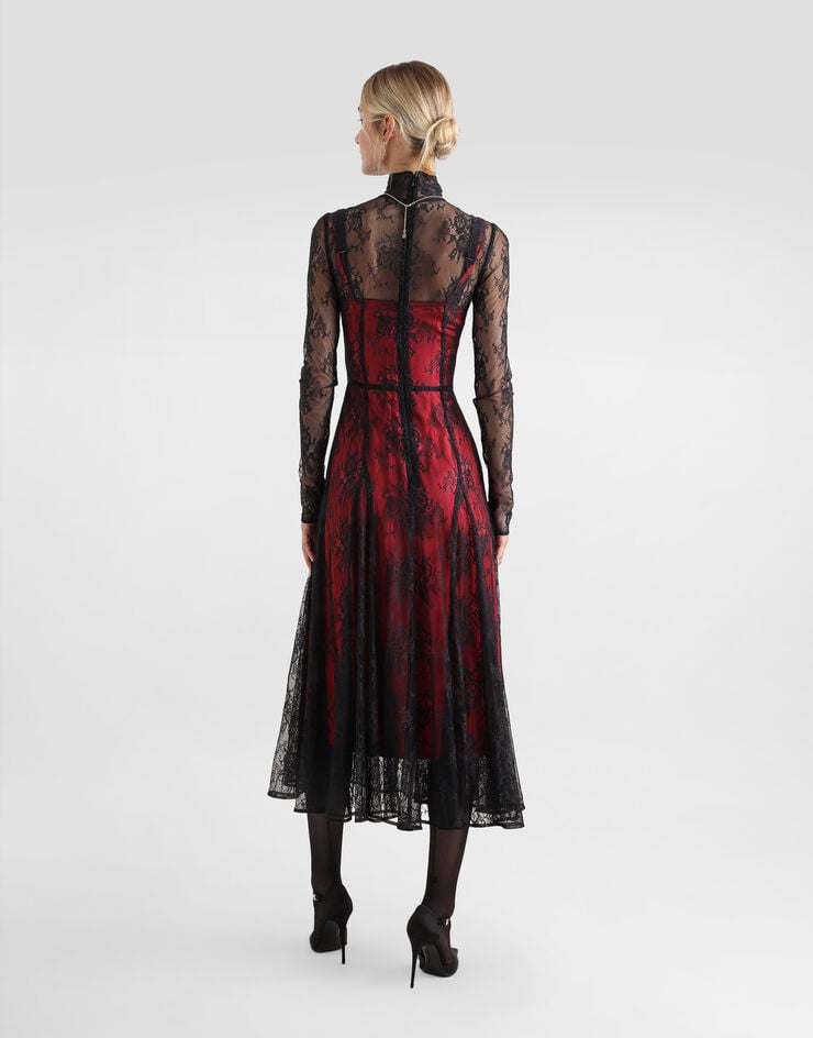 Dolce & Gabbana Vestido Longuette De Encaje Con Cuello Alto Y Forro En Contraste