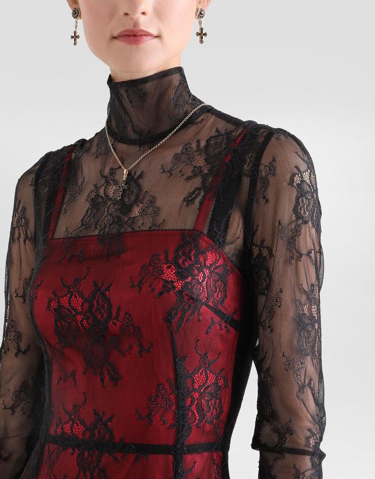 Dolce & Gabbana Vestido Longuette De Encaje Con Cuello Alto Y Forro En Contraste