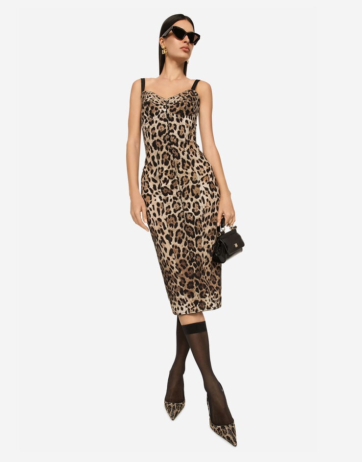 Dolce & Gabbana Vestido Longuette De Marquisette Estampado Leopardo
