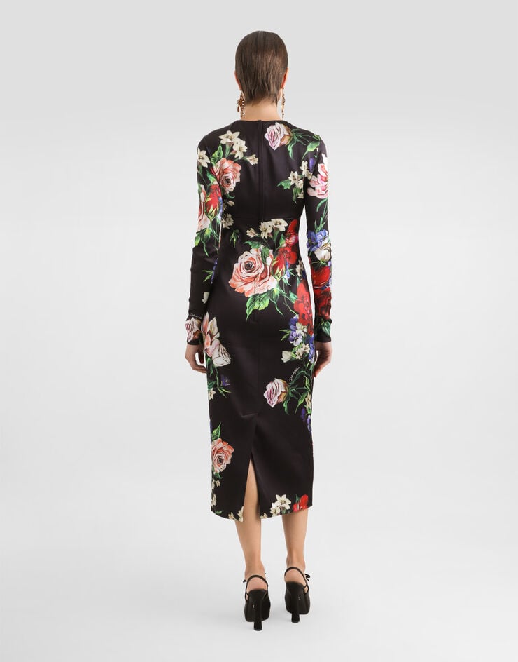 Dolce & Gabbana Vestido Longuette De Raso Con Cuello Redondo Y Estampado De Flores