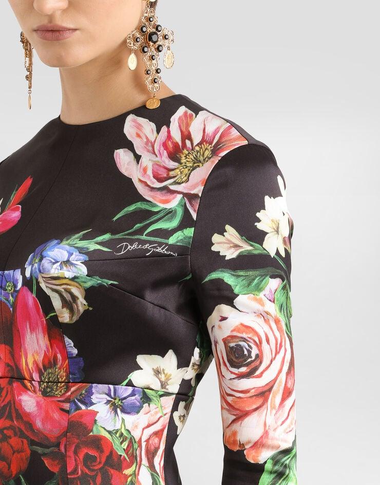 Dolce & Gabbana Vestido Longuette De Raso Con Cuello Redondo Y Estampado De Flores