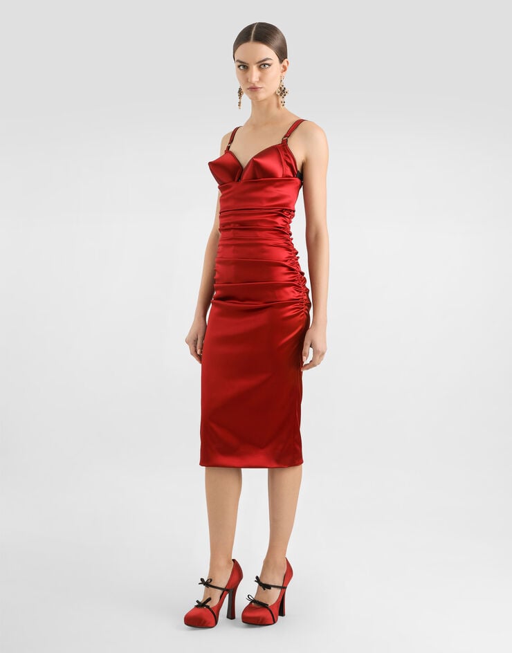 Dolce & Gabbana Vestido Longuette De Raso Drapeado Con Copas Cónicas