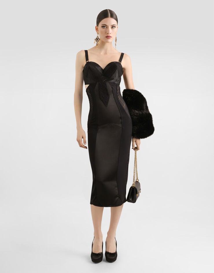 Dolce & Gabbana Vestido Longuette De Raso Y Encaje Con Detalles Bustier