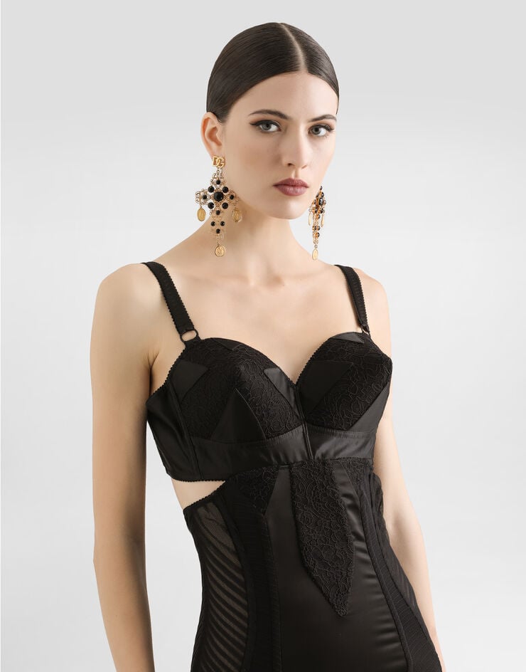 Dolce & Gabbana Vestido Longuette De Raso Y Encaje Con Detalles Bustier