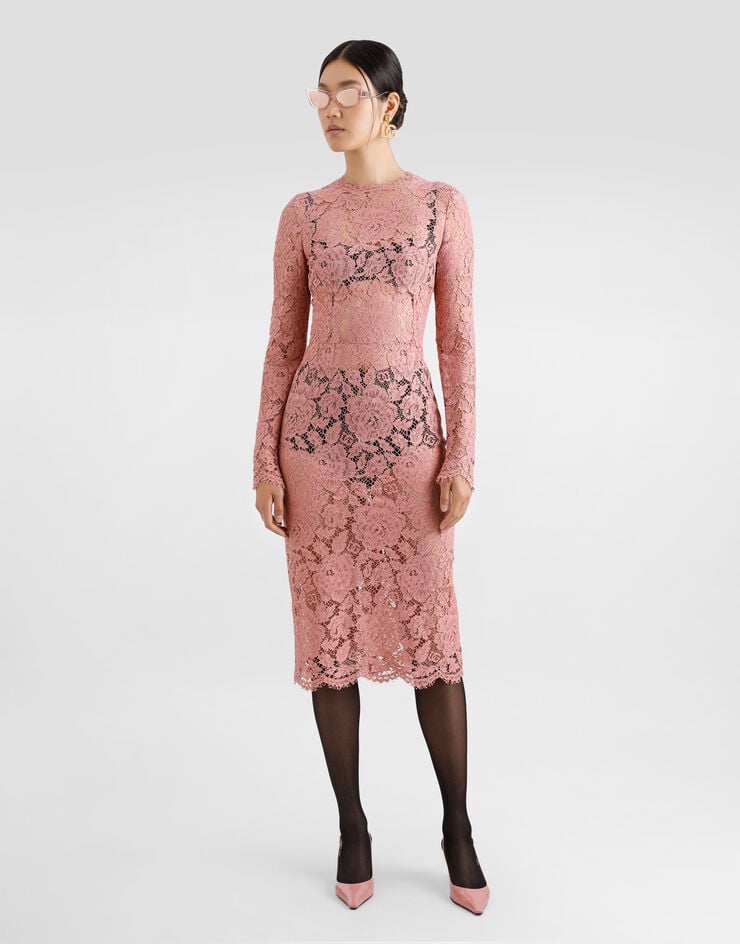 Dolce & Gabbana Vestido Longuette De Tubo De Encaje Cordonetto Floral Con Logotipo