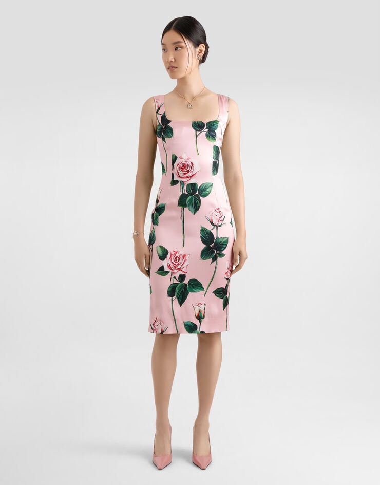 Dolce & Gabbana Vestido Longuette De Tubo De Raso Con Estampado De Rosas