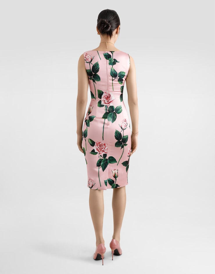 Dolce & Gabbana Vestido Longuette De Tubo De Raso Con Estampado De Rosas