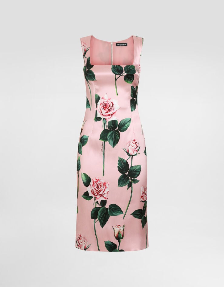 Dolce & Gabbana Vestido longuette de tubo de raso con estampado de rosas