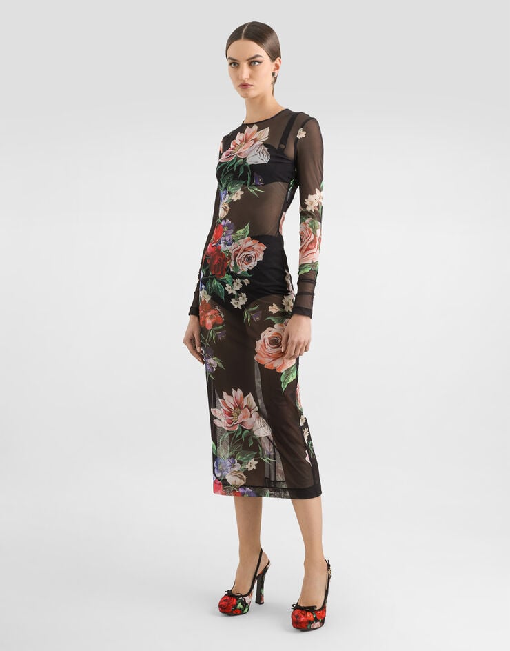 Dolce & Gabbana Vestido Longuette De Tul Con Estampado De Flores