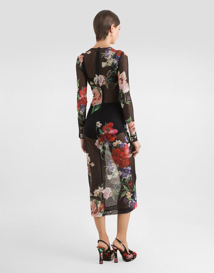 Dolce & Gabbana Vestido Longuette De Tul Con Estampado De Flores