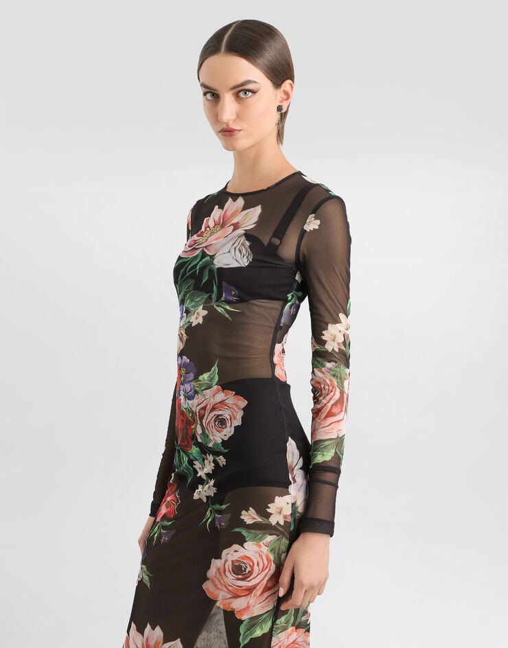 Dolce & Gabbana Vestido Longuette De Tul Con Estampado De Flores