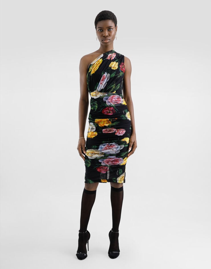 Dolce & Gabbana Vestido Longuette De Tul Con Hombro Al Aire Y Estampado De Peonías Y Rosas