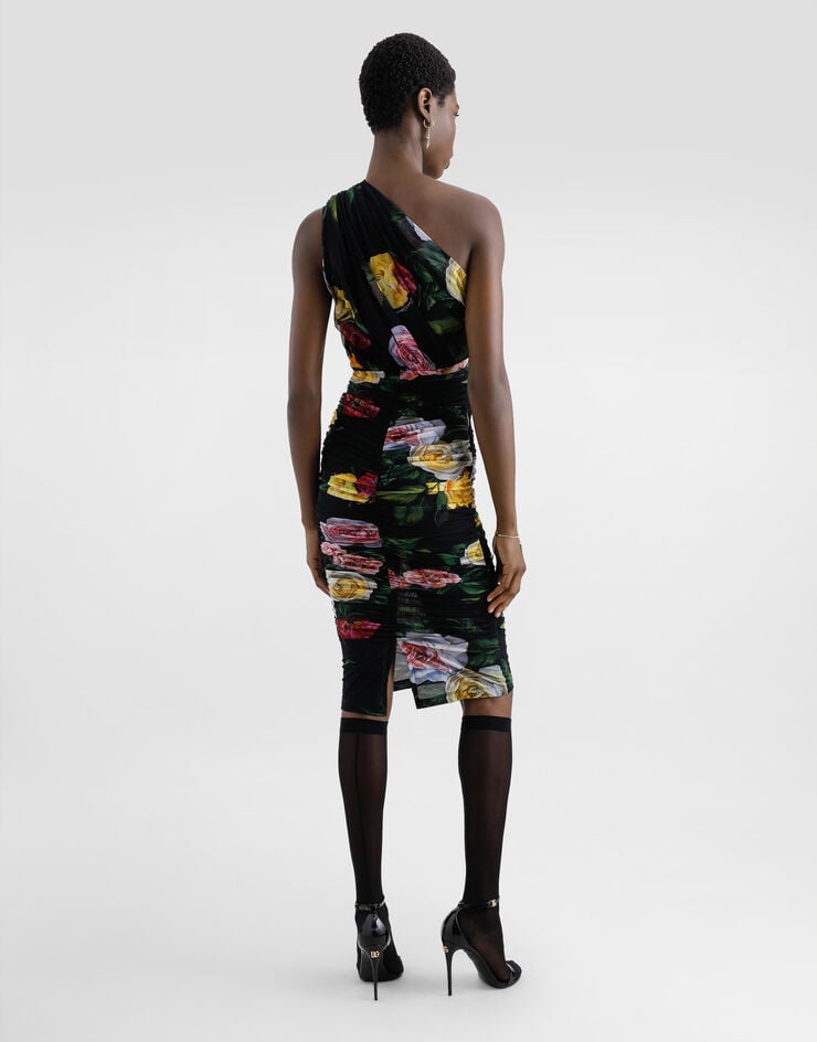 Dolce & Gabbana Vestido Longuette De Tul Con Hombro Al Aire Y Estampado De Peonías Y Rosas