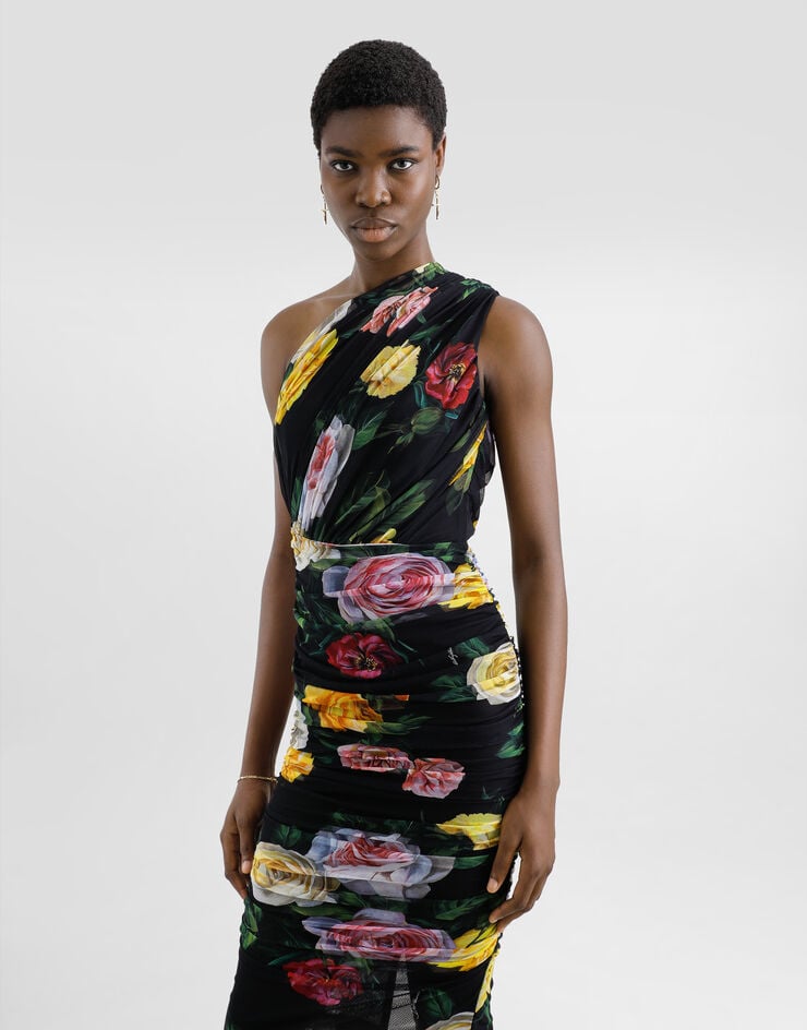 Dolce & Gabbana Vestido Longuette De Tul Con Hombro Al Aire Y Estampado De Peonías Y Rosas