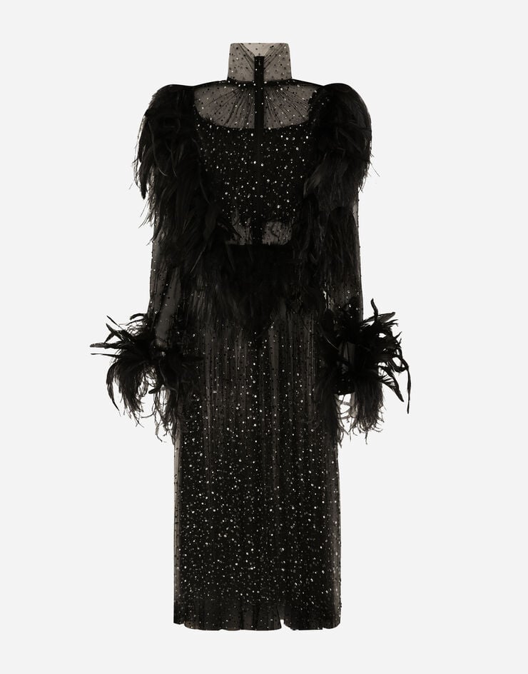 Dolce & Gabbana Vestido Longuette De Tul Elástico Con Strass Termoadhesivos Y Plumas De Gallo Y Avestruz