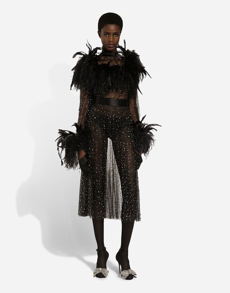 Dolce & Gabbana Vestido Longuette De Tul Elástico Con Strass Termoadhesivos Y Plumas De Gallo Y Avestruz