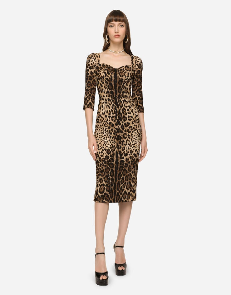 Dolce & Gabbana Vestido Longuette En Cady Estampado Leopardo