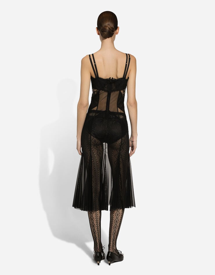 Dolce & Gabbana Vestido Longuette Tipo Combinación De Tul Malla Y Encaje