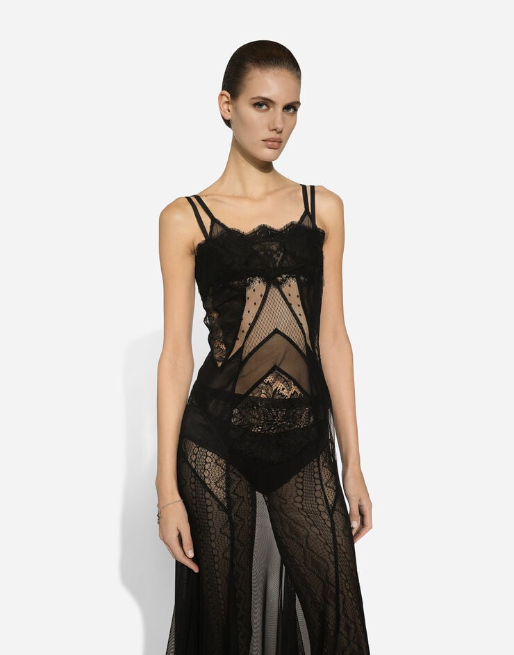 Dolce & Gabbana Vestido Longuette Tipo Combinación De Tul Malla Y Encaje