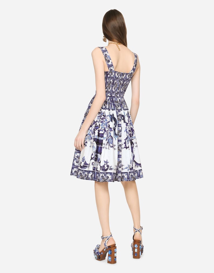 Dolce & Gabbana Vestido Midi Con Corsé De Popelina Con Estampado De Mayólica