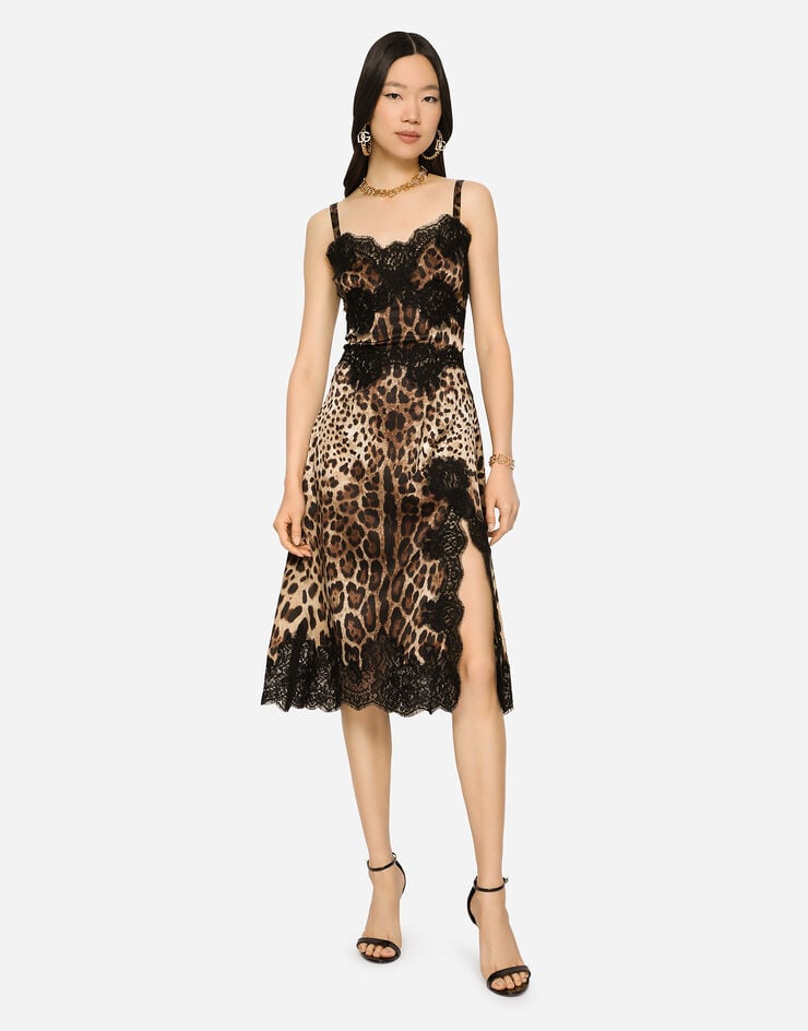 Dolce & Gabbana Vestido Midi De Lencería En Raso Con Estampado De Leopardo Y Bordes En Encaje