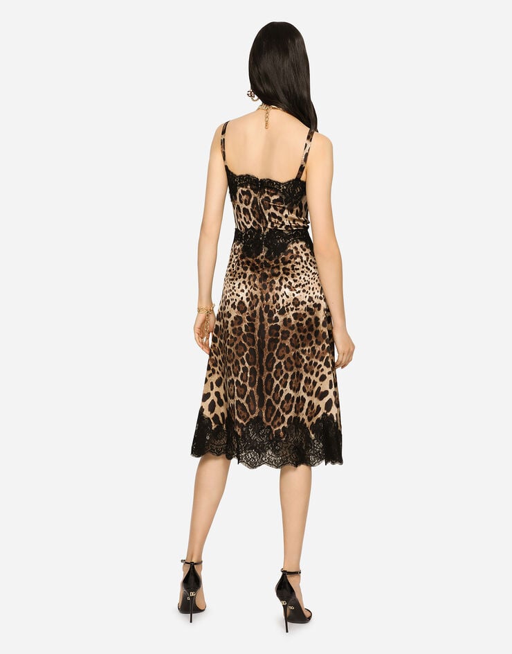 Dolce & Gabbana Vestido Midi De Lencería En Raso Con Estampado De Leopardo Y Bordes En Encaje