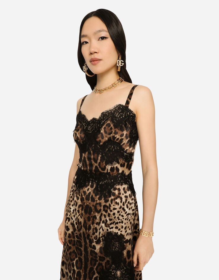 Dolce & Gabbana Vestido Midi De Lencería En Raso Con Estampado De Leopardo Y Bordes En Encaje