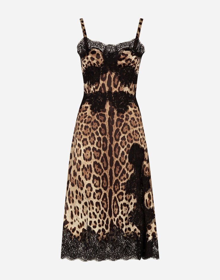 Dolce & Gabbana Vestido midi de lencería en raso con estampado de leopardo y bordes en encaje