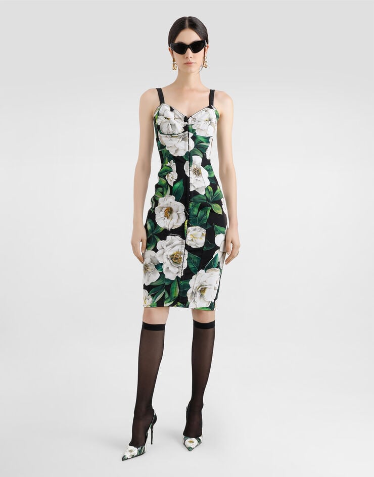 Dolce & Gabbana Vestido Midi De Marquisette Elástico Con Estampado De Gardenias