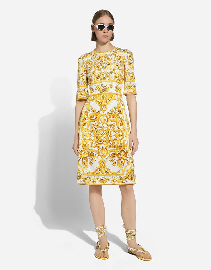 Dolce & Gabbana Vestido Midi En Charmeuse De Seda Con Estampado Maiolica