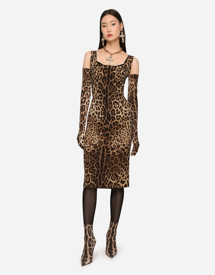 Dolce & Gabbana Vestido Midi En Seda Satinada Con Estampado De Leopardo