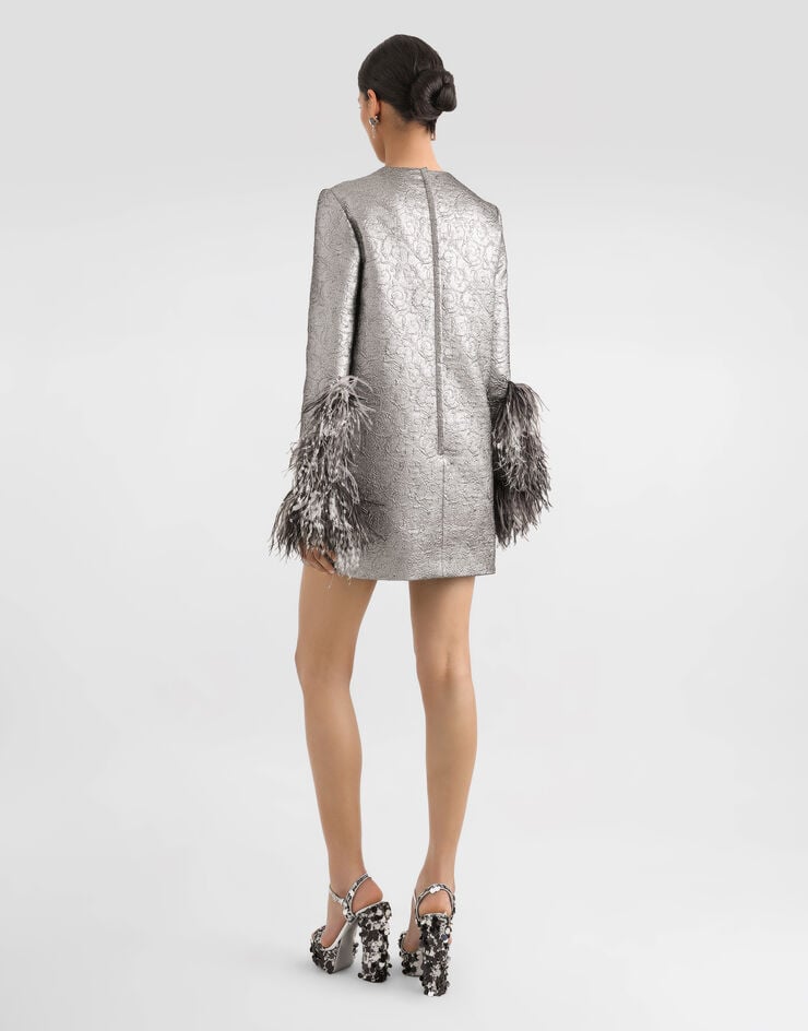Dolce & Gabbana Vestido Saco Mini De Jacquard Acolchado Lamé Con Plumas En Los Puños