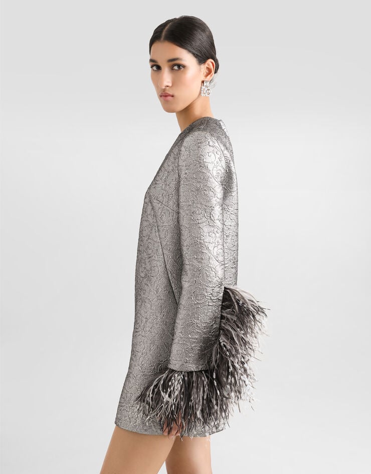 Dolce & Gabbana Vestido Saco Mini De Jacquard Acolchado Lamé Con Plumas En Los Puños