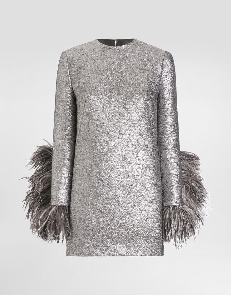 Dolce & Gabbana Vestido saco mini de jacquard acolchado lamé con plumas en los puños
