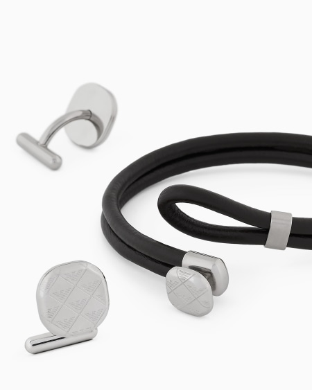 Armani Conjunto De Pulsera De Piel Y Gemelos