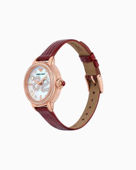 Armani Reloj De Piel Roja Con Tres Agujas