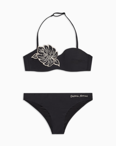 Armani Bikini bandeau con relleno de lycra reciclada con bordado de hoja ASV