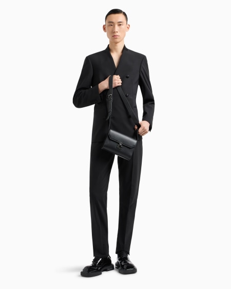 Armani Blazer De Abotonadura Doble En Tejido Bielástico De Lana Virgen Con Cuello De Raso