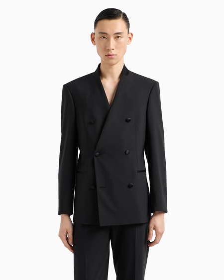 Armani Blazer De Abotonadura Doble En Tejido Bielástico De Lana Virgen Con Cuello De Raso