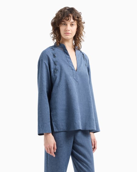 Armani Blusa Con Cuello De Tira Y Detalle De Cordones En Mezcla De Lino Jaspeado