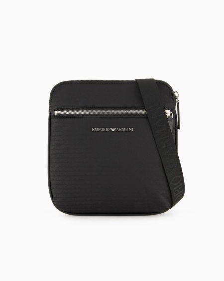 Armani Bolso bandolera plano en tejido jacquard de nailon con inscripción integral de logotipo