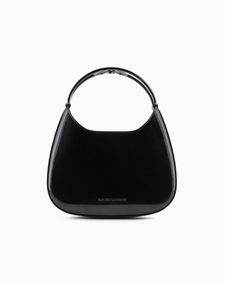 Armani Bolso hobo pequeño de charol con asa de metal con logotipo
