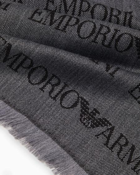 Armani Bufanda De Mezcla De Lana Virgen Con Inscripción De Logotipo En Tejido Jacquard Y Flecos