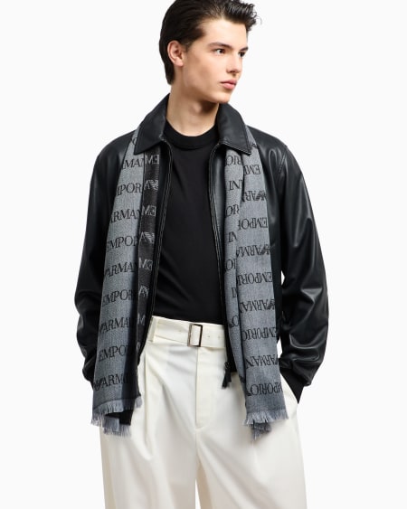 Armani Bufanda De Mezcla De Lana Virgen Con Inscripción De Logotipo En Tejido Jacquard Y Flecos