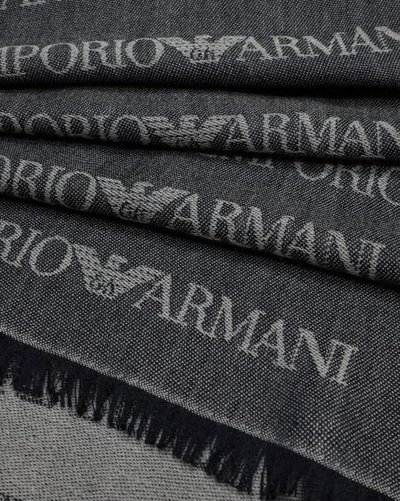 Armani Bufanda De Mezcla De Lana Virgen Con Inscripción De Logotipo En Tejido Jacquard Y Flecos