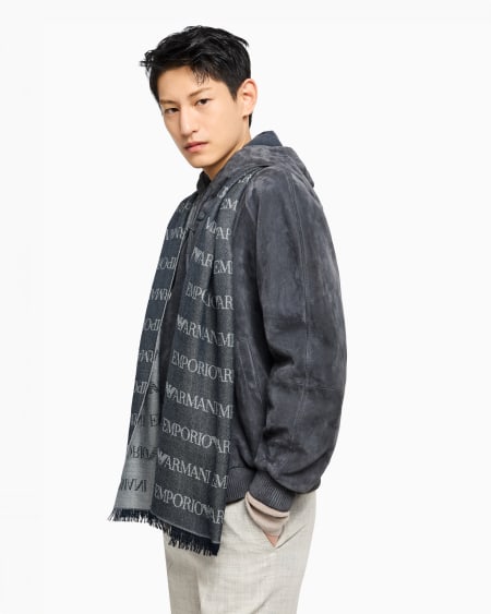 Armani Bufanda De Mezcla De Lana Virgen Con Inscripción De Logotipo En Tejido Jacquard Y Flecos