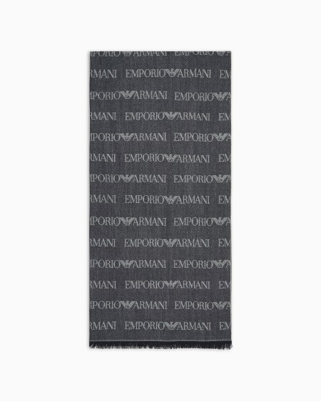 Armani Bufanda de mezcla de lana virgen con inscripción de logotipo en tejido jacquard y flecos