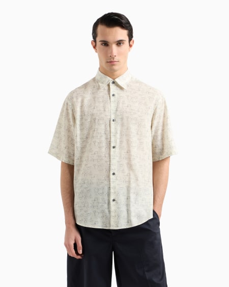 Armani Camisa De Manga Corta En Mezcla De Lyocell Con Estampado Integral De águilas Y Motivos Seaside ASV