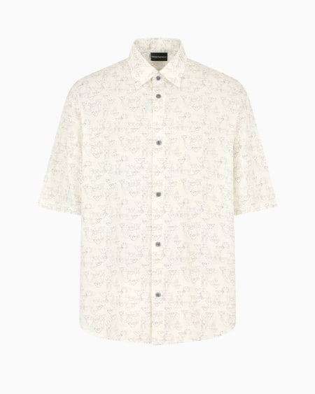 Armani Camisa de manga corta en mezcla de lyocell con estampado integral de águilas y motivos Seaside ASV