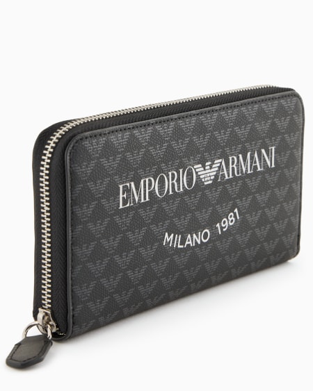 Armani Cartera Con Cremallera Perimetral Motivo Integral De águila Y Logotipo Milano 1981 Estampado